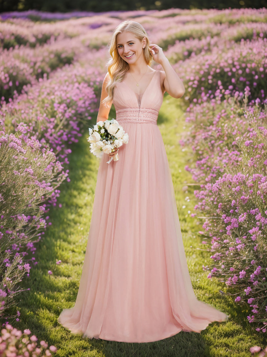 Color=Pink  | Backless A Line Sleeveless Wholesale Wedding Dresses with Deep V Neck-Pink  3