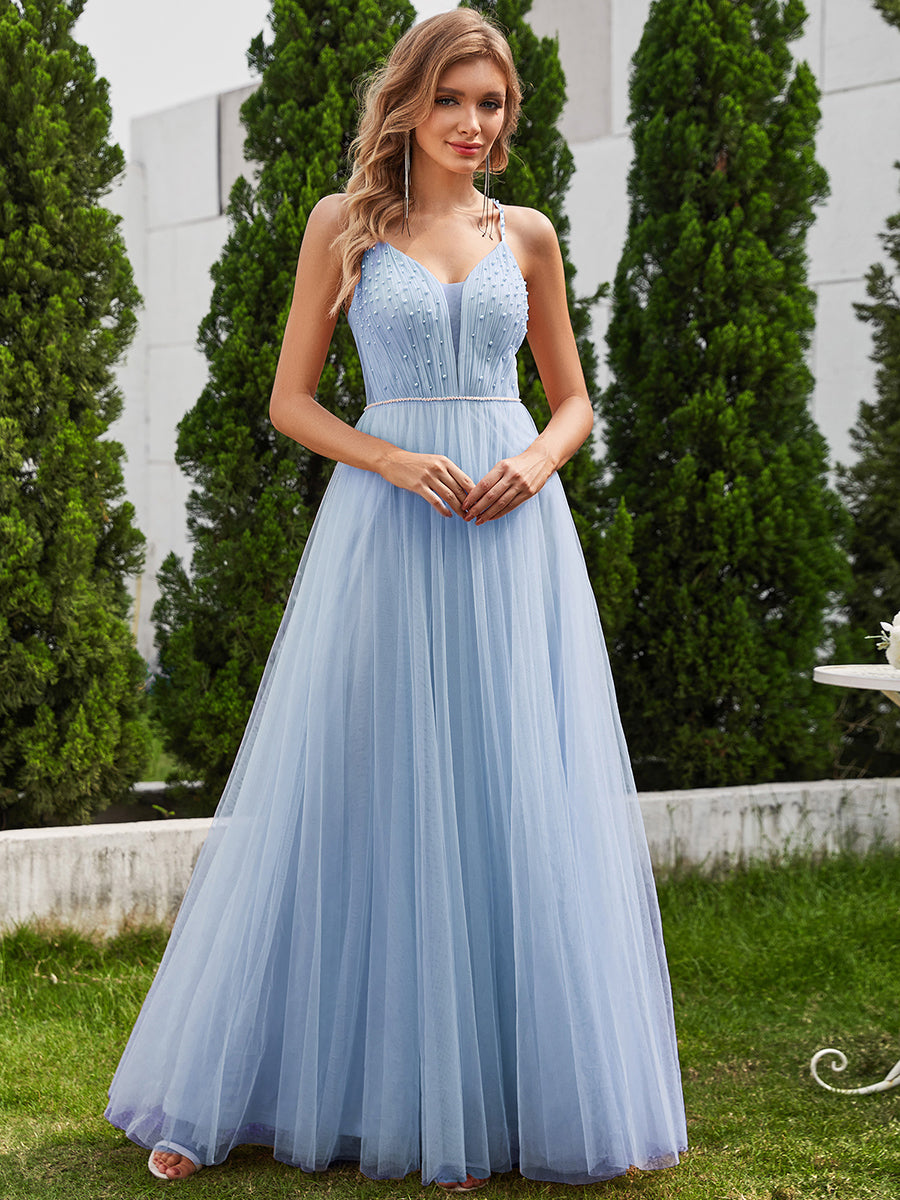 Color=Light Blue | Exquisite Beaded V Neck See-through Regular fold stream Tulle Wedding Dresses-Light Blue 6