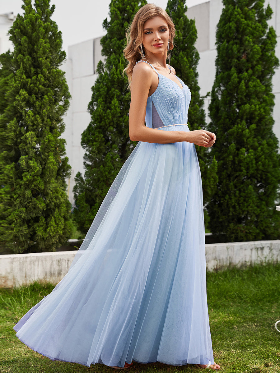 Color=Light Blue | Exquisite Beaded V Neck See-through Regular fold stream Tulle Wedding Dresses-Light Blue 8