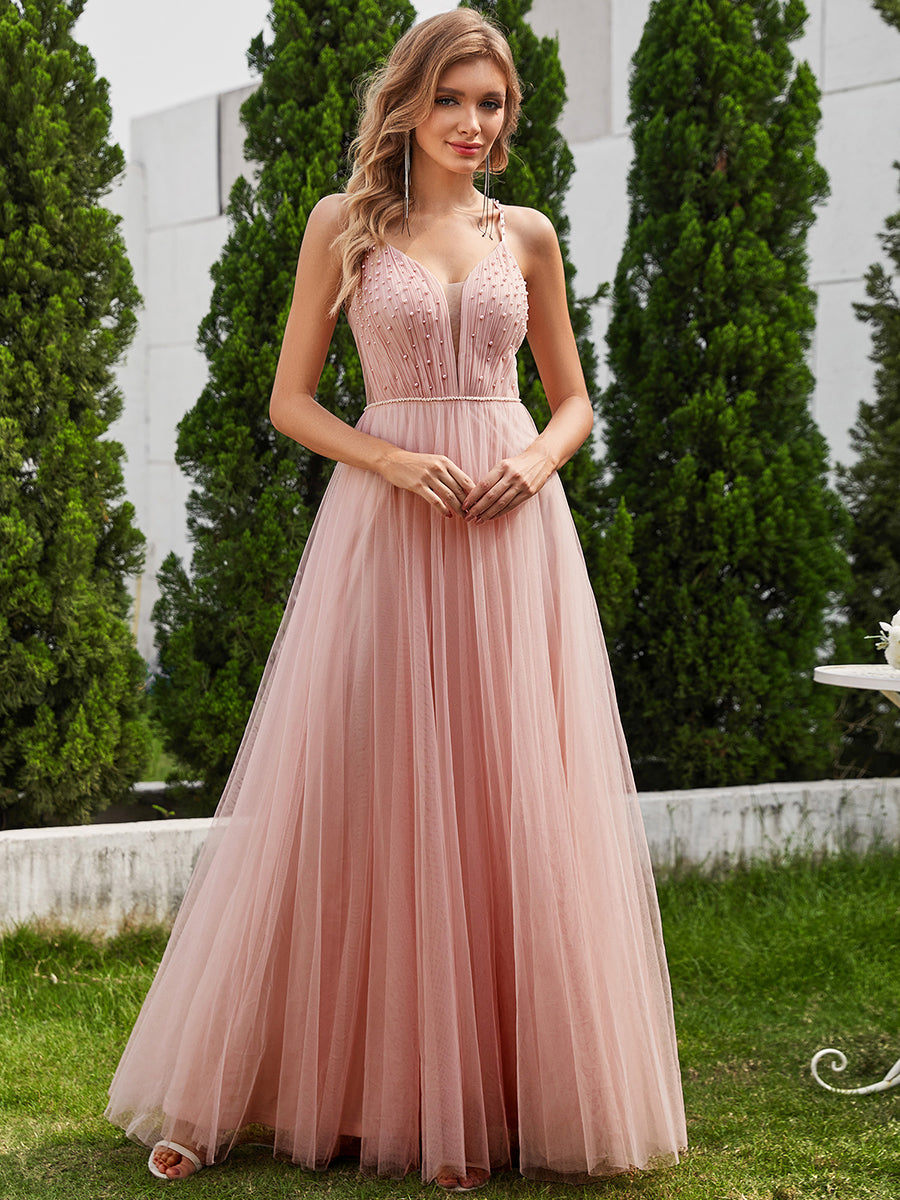 Color=Pink | Exquisite Beaded V Neck See-through Regular fold stream Tulle Wedding Dresses-Pink 11