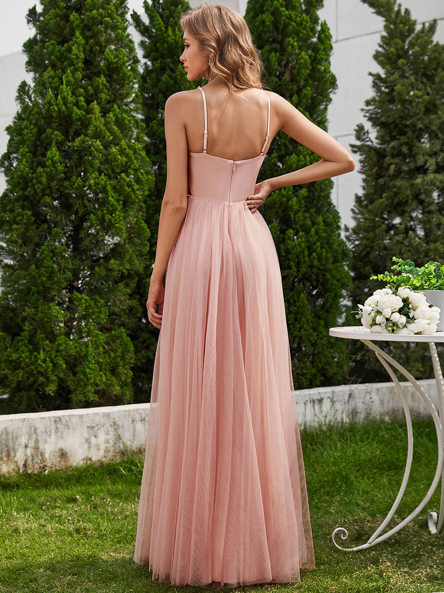 Color=Pink | Exquisite Beaded V Neck See-through Regular fold stream Tulle Wedding Dresses-Pink 12