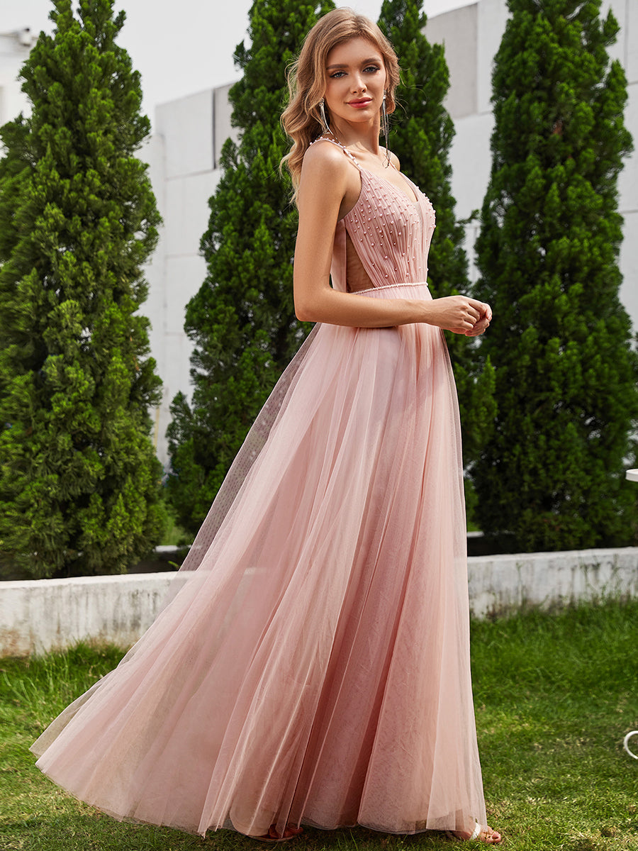 Color=Pink | Exquisite Beaded V Neck See-through Regular fold stream Tulle Wedding Dresses-Pink 13