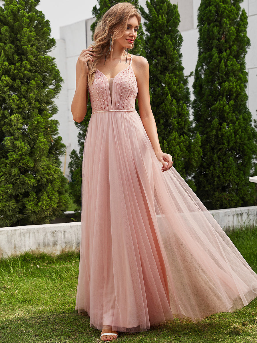 Color=Pink | Exquisite Beaded V Neck See-through Regular fold stream Tulle Wedding Dresses-Pink 14