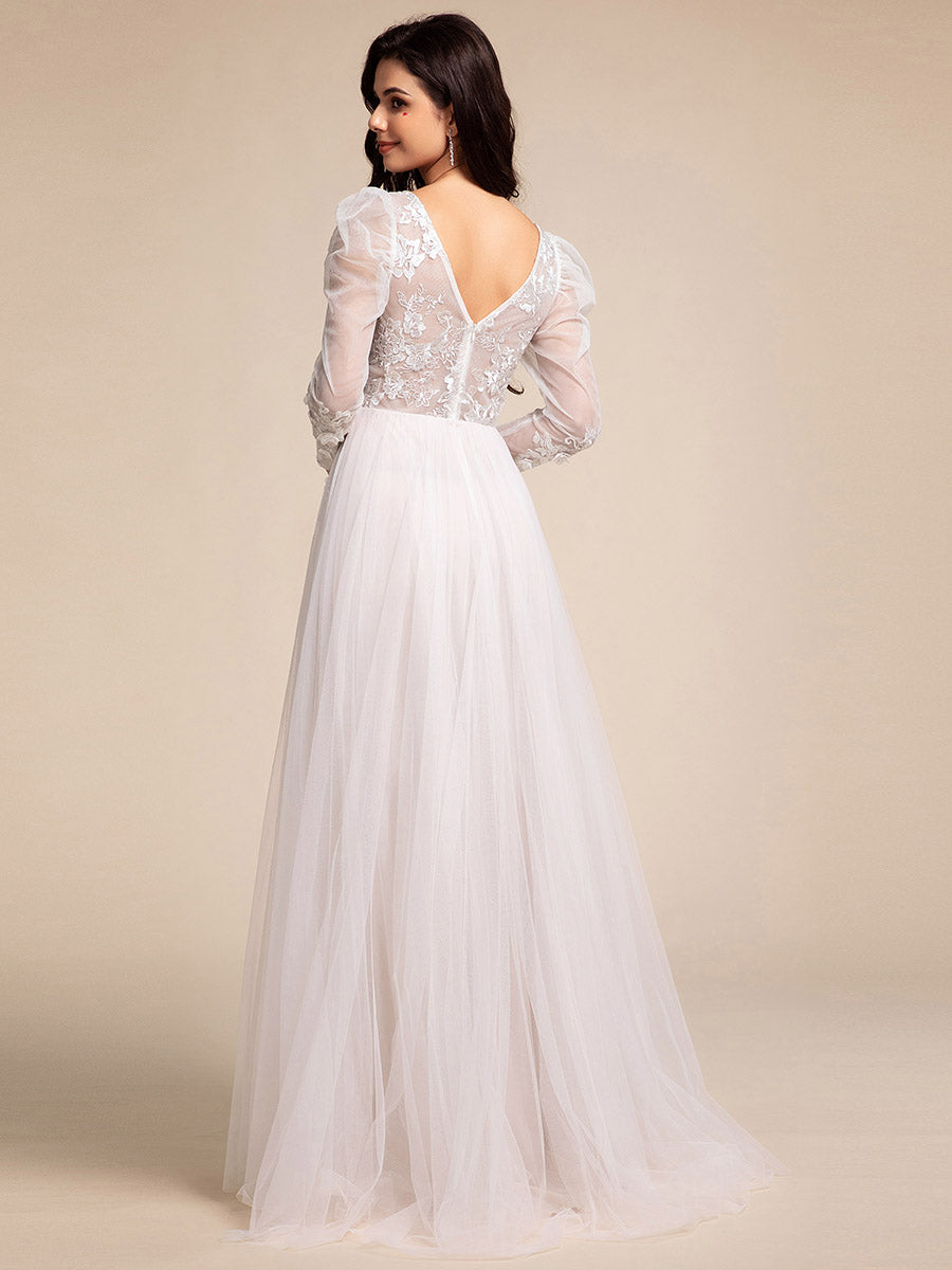 Color=Ivory | Exquisite V Neck Backless Long Sleeves Tulle Wedding Dresses with Applique Decoration-Ivory 2