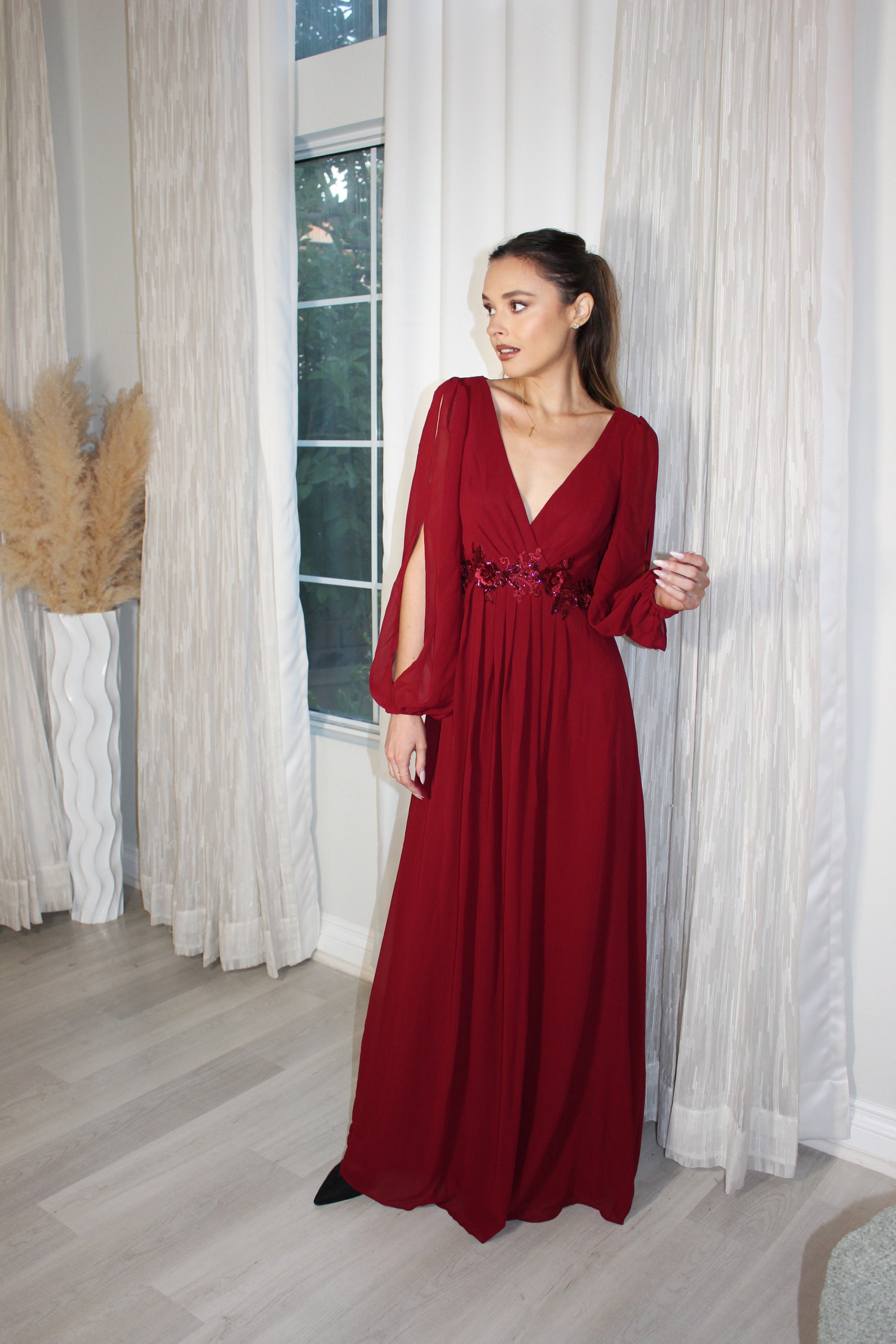 Color=Burgundy | Floor Length Long Lantern Sleeves Wholesale Formal Dresses-Burgundy 2