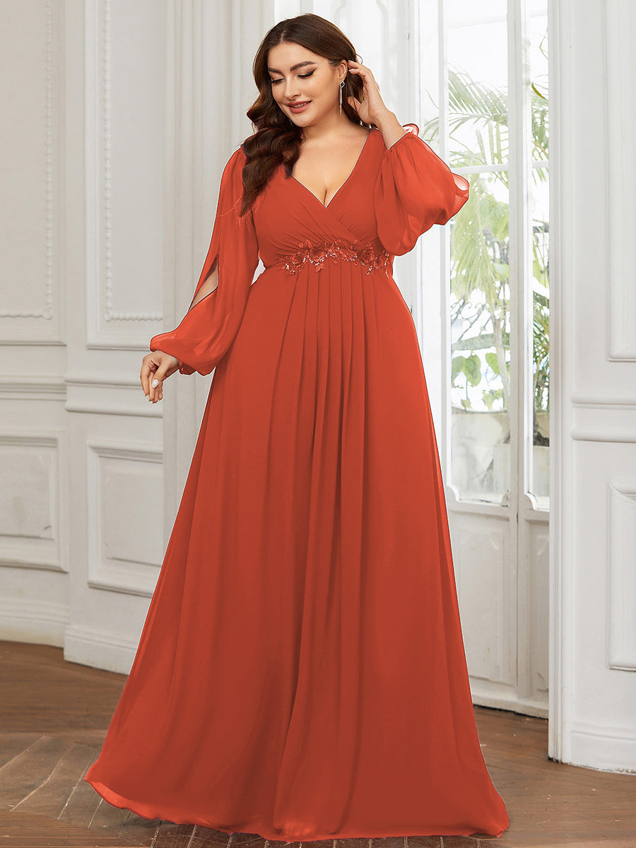 Evening Dress Appliqued Plus Size Chiffon Maxi with Long Lantern Sleeves