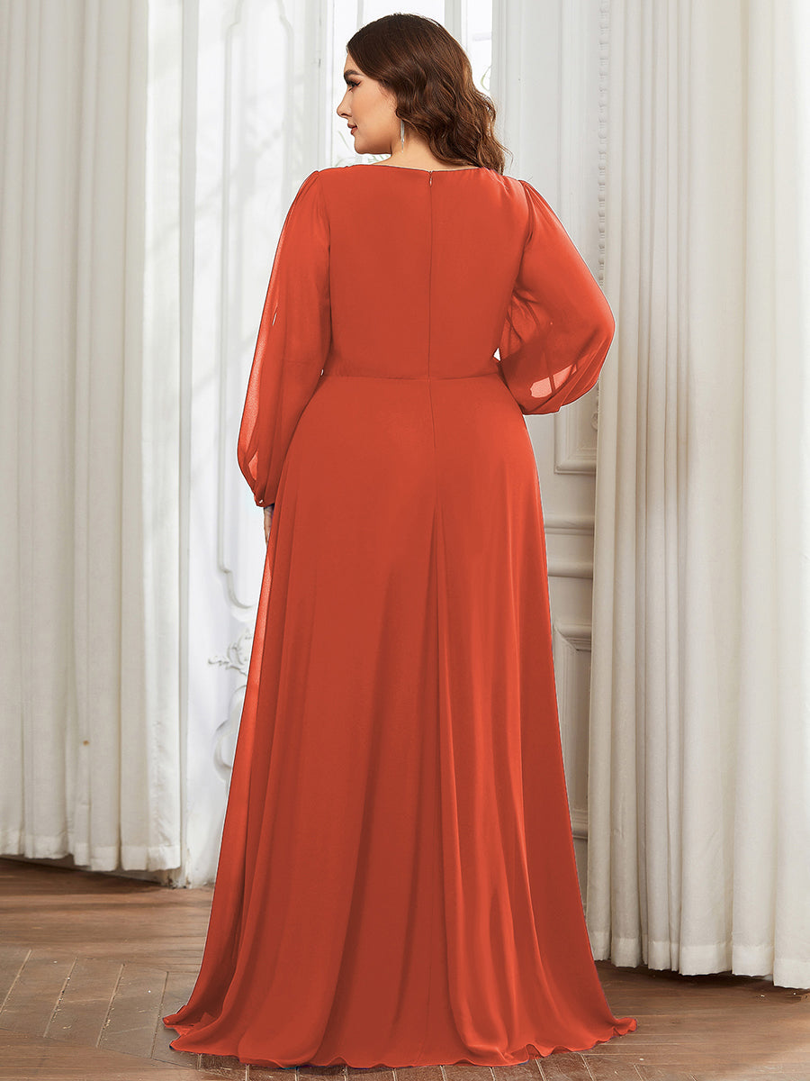 Color=Burnt Orange | Wholesale Chiffon Plus Size Evening Dresses With Long Lantern Sleeves-Burnt Orange 1