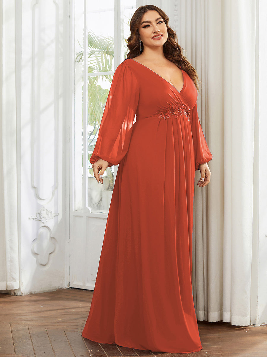 Color=Burnt Orange | Wholesale Chiffon Plus Size Evening Dresses With Long Lantern Sleeves-Burnt Orange 1