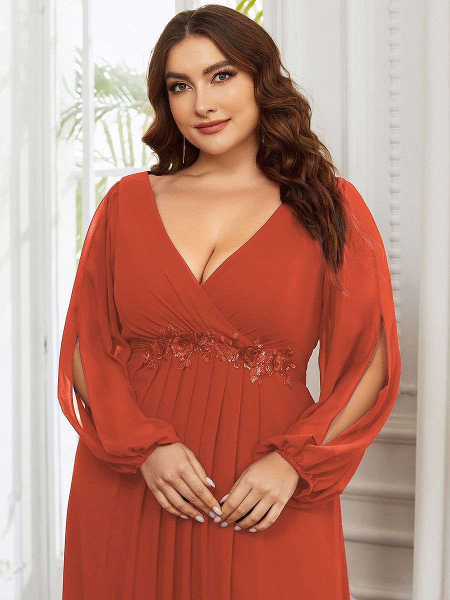 Color=Burnt Orange | Wholesale Chiffon Plus Size Evening Dresses With Long Lantern Sleeves-Burnt Orange 1