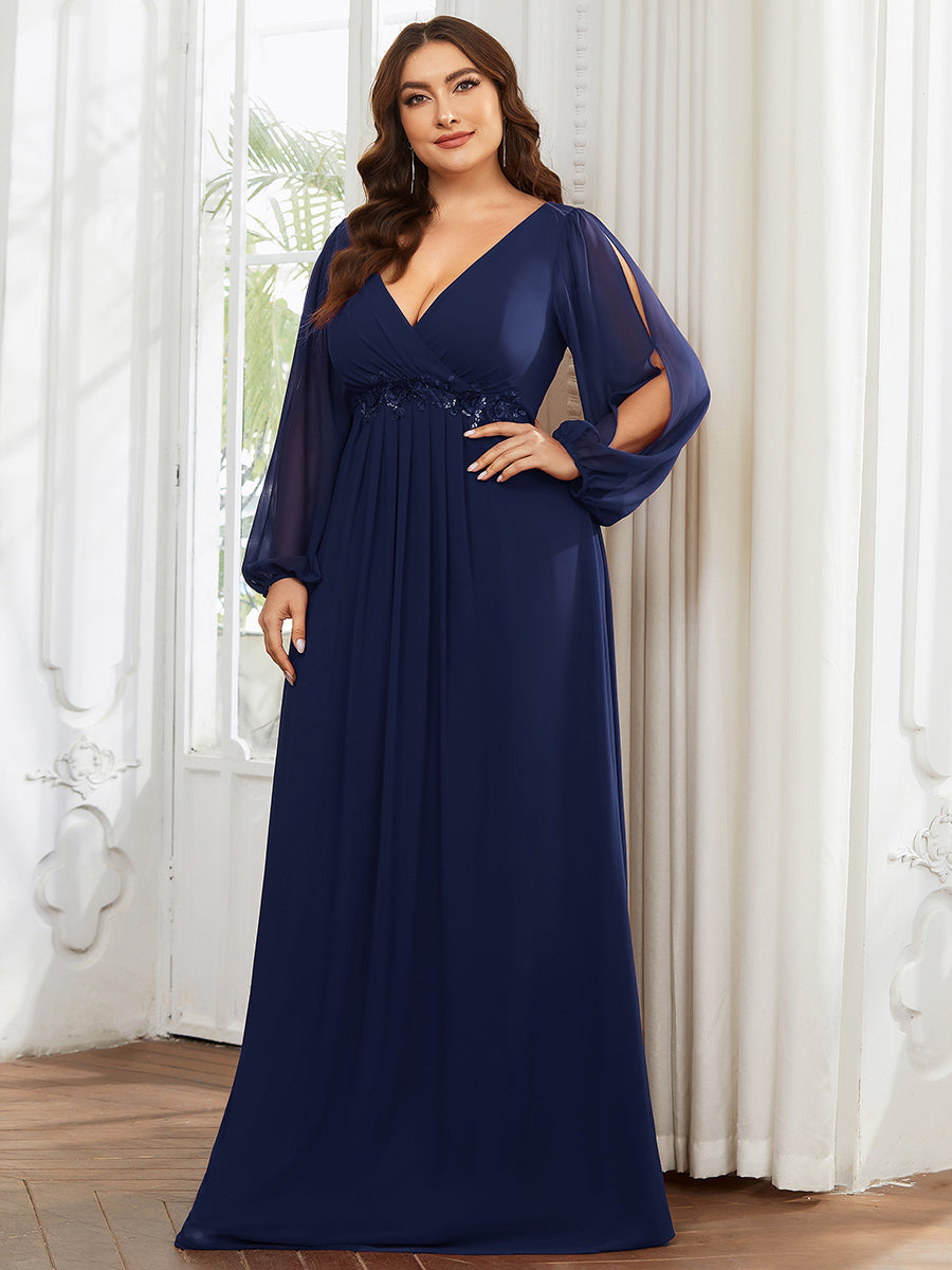 Evening Dress Appliqued Plus Size Chiffon Maxi with Long Lantern Sleeves