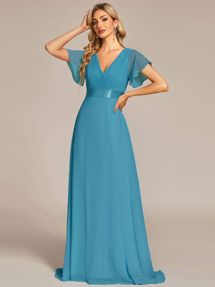 Glamorous Double V-Neck Ruffles Padded Wholesale Chiffon Evening Dresses#Color_Jade Blue