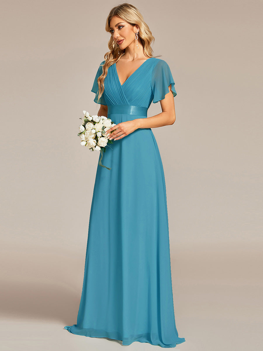 Glamorous Double V-Neck Ruffles Padded Wholesale Chiffon Evening Dresses#Color_Jade Blue