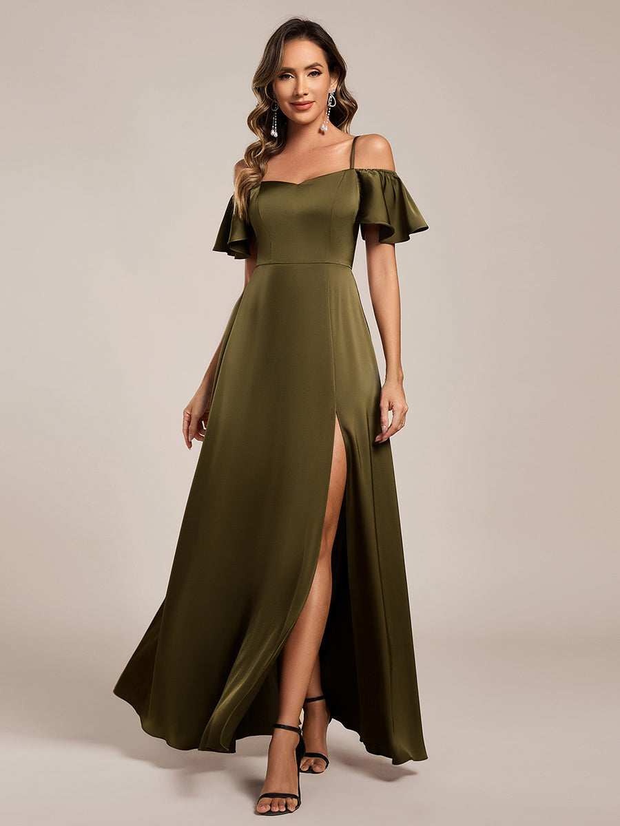 Color=Olive Green | Short Sleeve Off Shoulder Ruffle A-Line Floor-Length Bridesmaid Dress-Olive Green 6