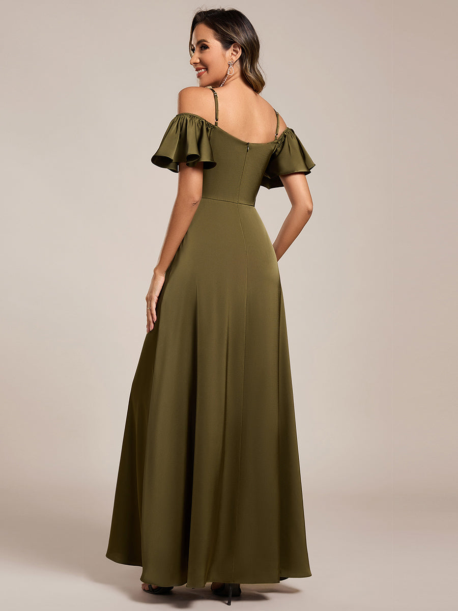 Color=Olive Green | Short Sleeve Off Shoulder Ruffle A-Line Floor-Length Bridesmaid Dress-Olive Green 7