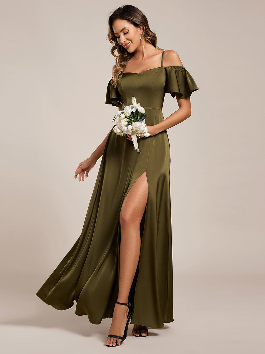 Color=Olive Green | Short Sleeve Off Shoulder Ruffle A-Line Floor-Length Bridesmaid Dress-Olive Green 9