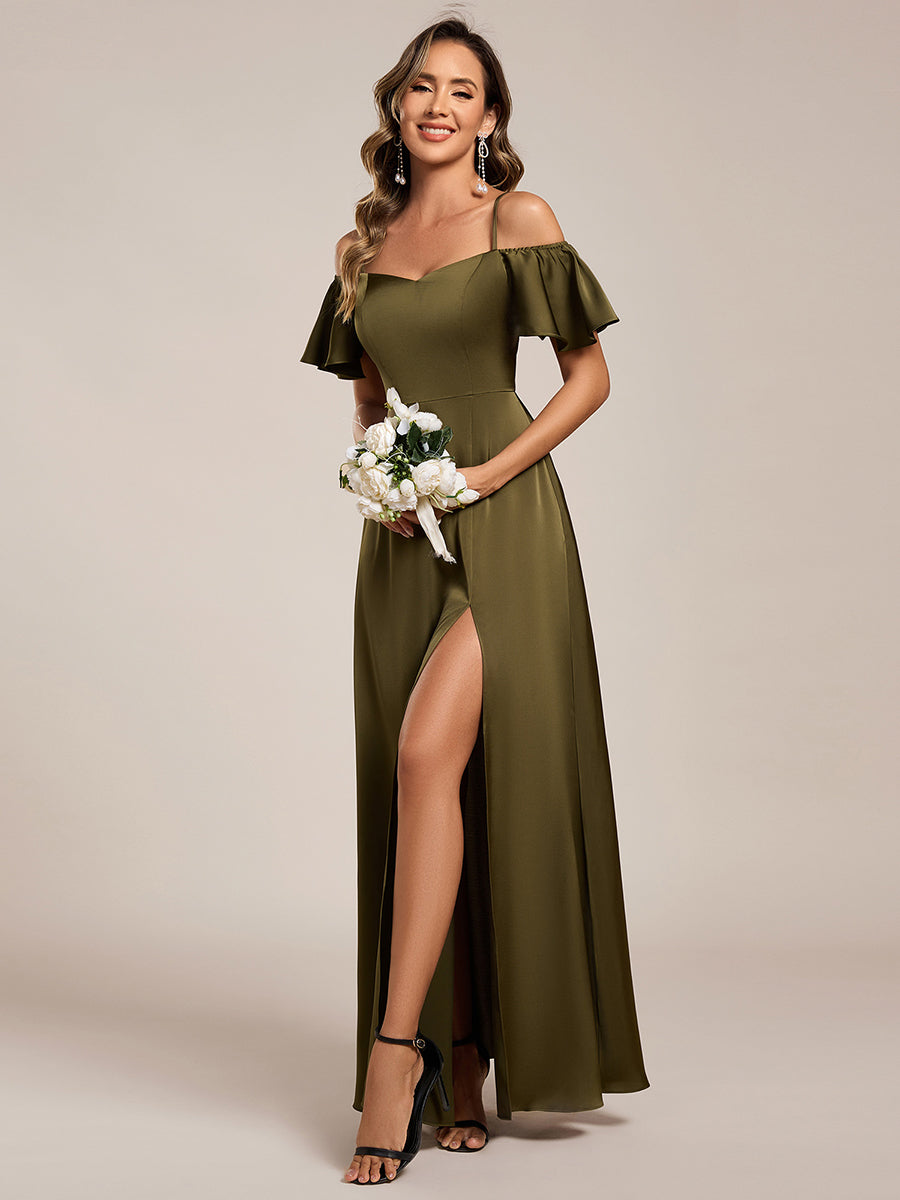 Color=Olive Green | Short Sleeve Off Shoulder Ruffle A-Line Floor-Length Bridesmaid Dress-Olive Green 10