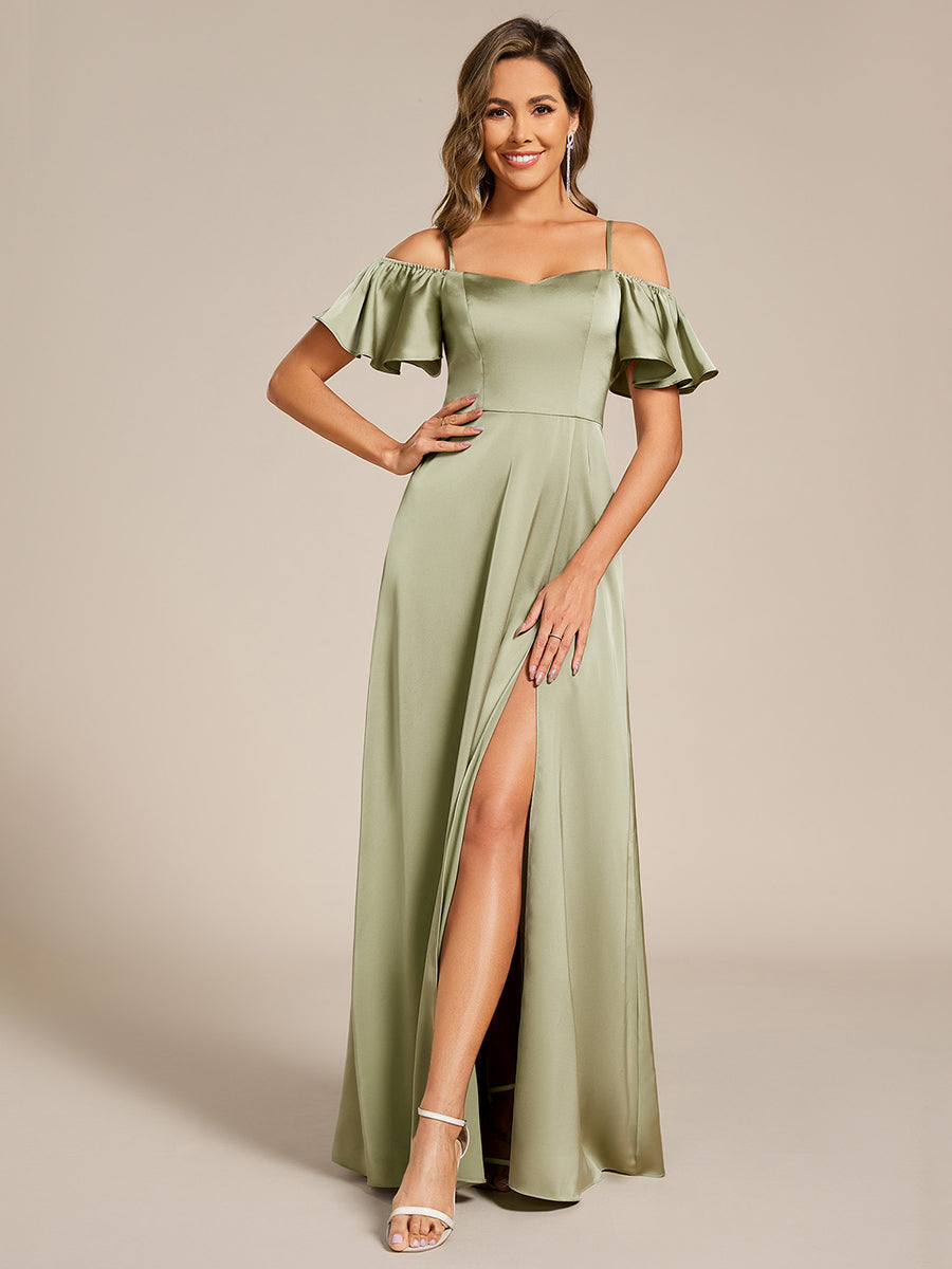 Color=Sage Green | Short Sleeve Off Shoulder Ruffle A-Line Floor-Length Bridesmaid Dress-Sage Green 15