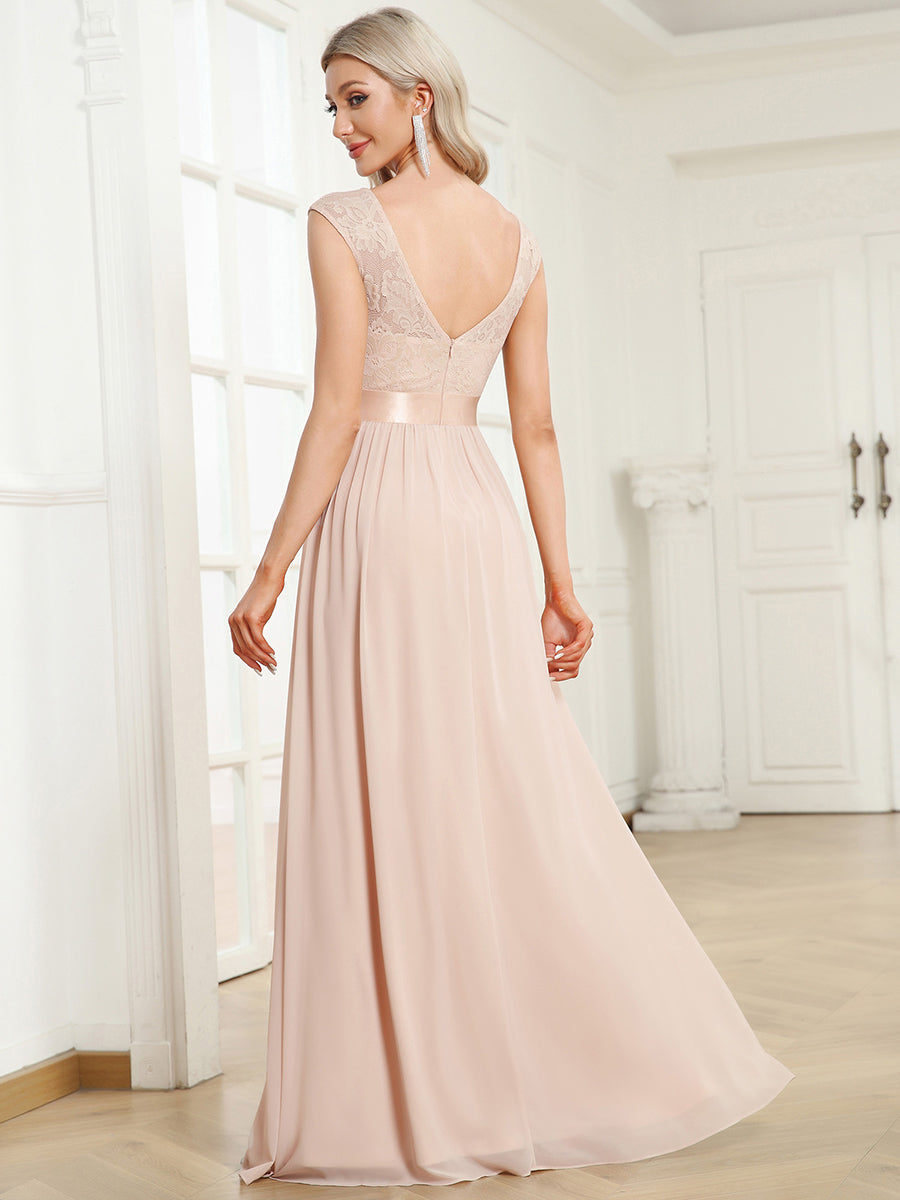 Wholesale V Back Belted Lace & Chiffon Bridesmaid Dresses