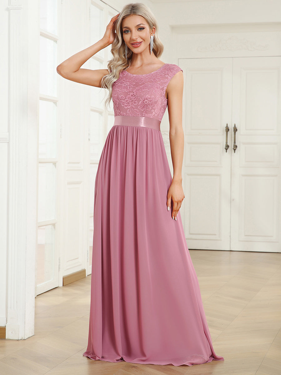 Wholesale V Back Belted Lace & Chiffon Bridesmaid Dresses