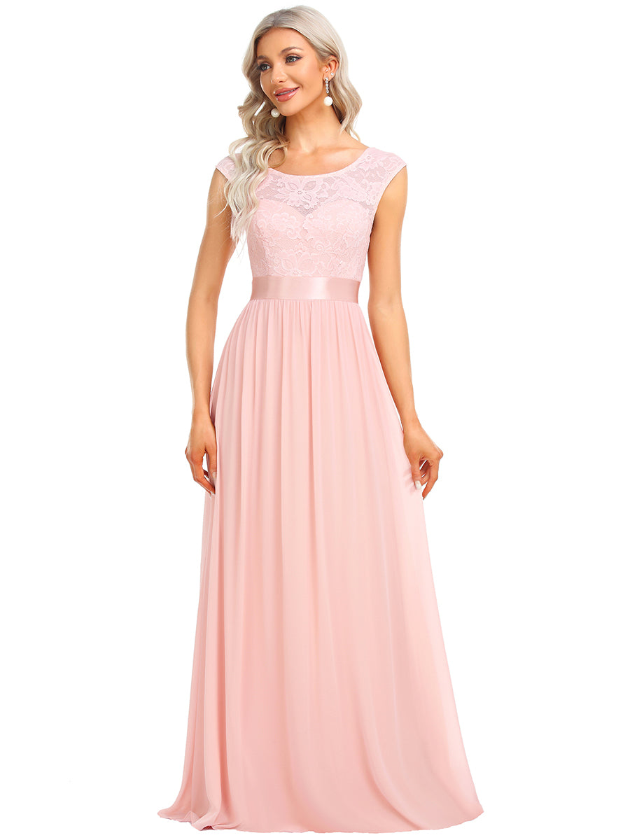 Wholesale V Back Belted Lace & Chiffon Bridesmaid Dresses