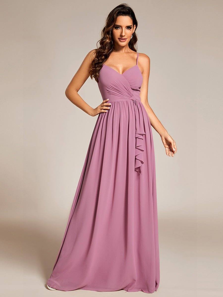 Color=Orchid | Elegant Spaghetti Straps Deep V Neck A-Line Ruched Lotus Leaf Empire Waist Chiffon Bridesmaids Dress-Orchid 1