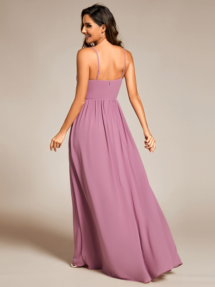 Color=Orchid | Elegant Spaghetti Straps Deep V Neck A-Line Ruched Lotus Leaf Empire Waist Chiffon Bridesmaids Dress-Orchid 2