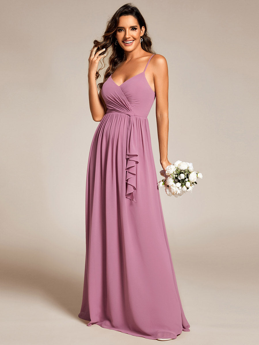 Color=Orchid | Elegant Spaghetti Straps Deep V Neck A-Line Ruched Lotus Leaf Empire Waist Chiffon Bridesmaids Dress-Orchid 3