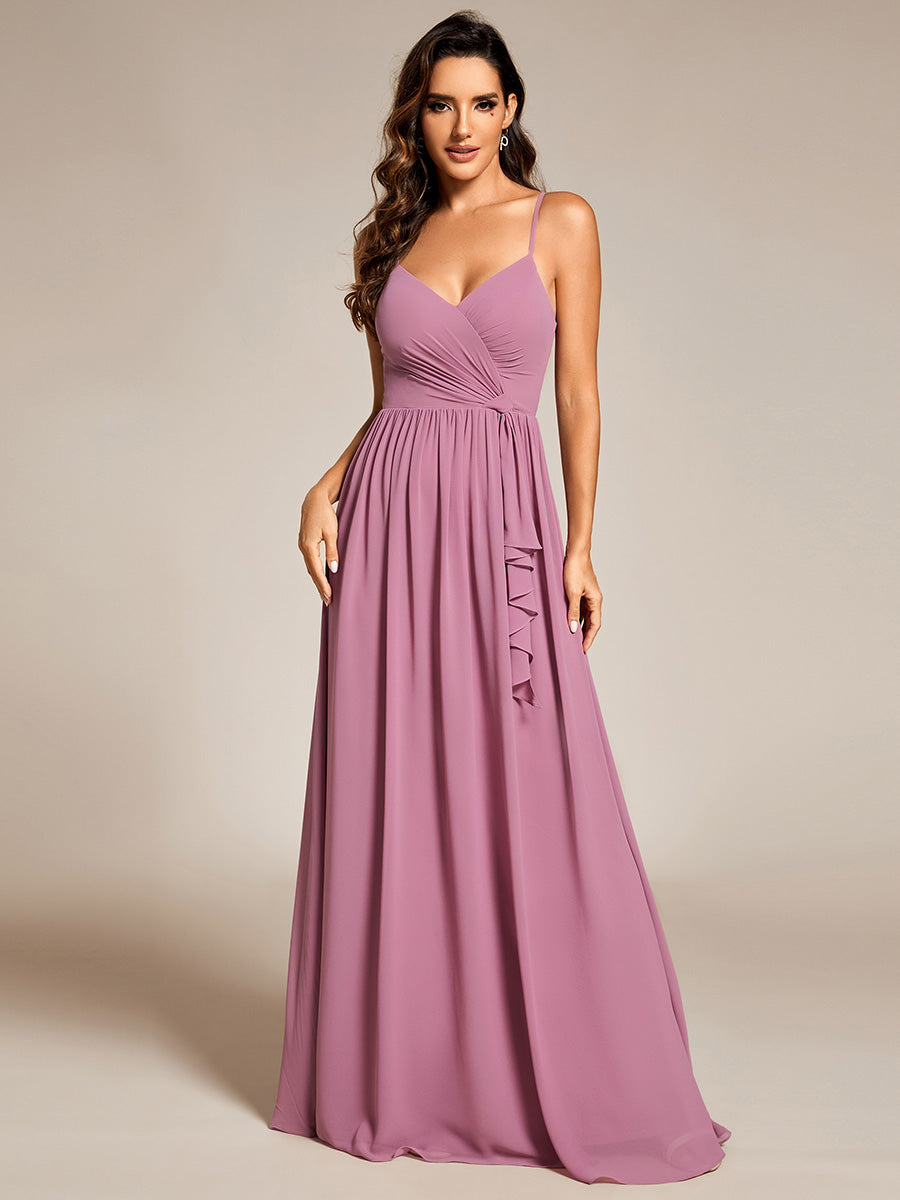 Color=Orchid | Elegant Spaghetti Straps Deep V Neck A-Line Ruched Lotus Leaf Empire Waist Chiffon Bridesmaids Dress-Orchid 4