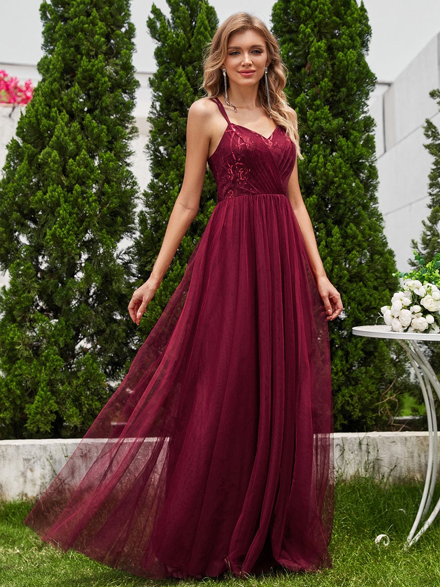 Shimmer Cross-Back Straps Wholesale Tulle Bridesmaid Dress with sleeveless #color_Burgundy