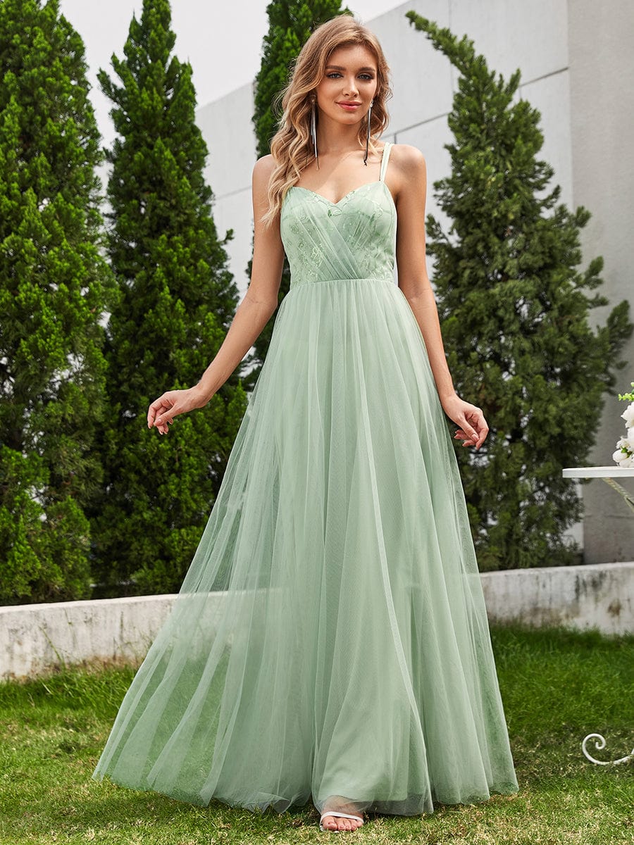 Shimmer Cross-Back Straps Wholesale Tulle Bridesmaid Dress with sleeveless_Mint Green
