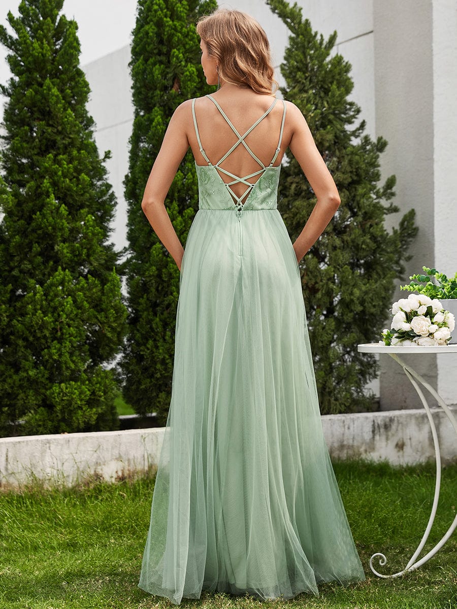 Shimmer Cross-Back Straps Wholesale Tulle Bridesmaid Dress with sleeveless_Mint Green
