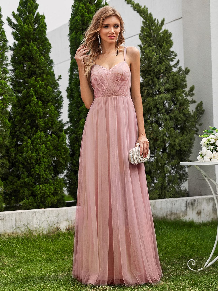 Shimmer Cross-Back Straps Wholesale Tulle Bridesmaid Dress with sleeveless #color_Pink