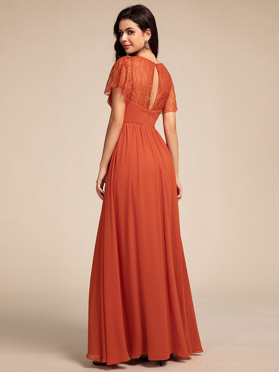 Color=Burnt Orange | Elegant Embroidery Glitter See-Through Lotus Leaf Sleeves Chiffon Dresses with Hollow back -Burnt Orange 2