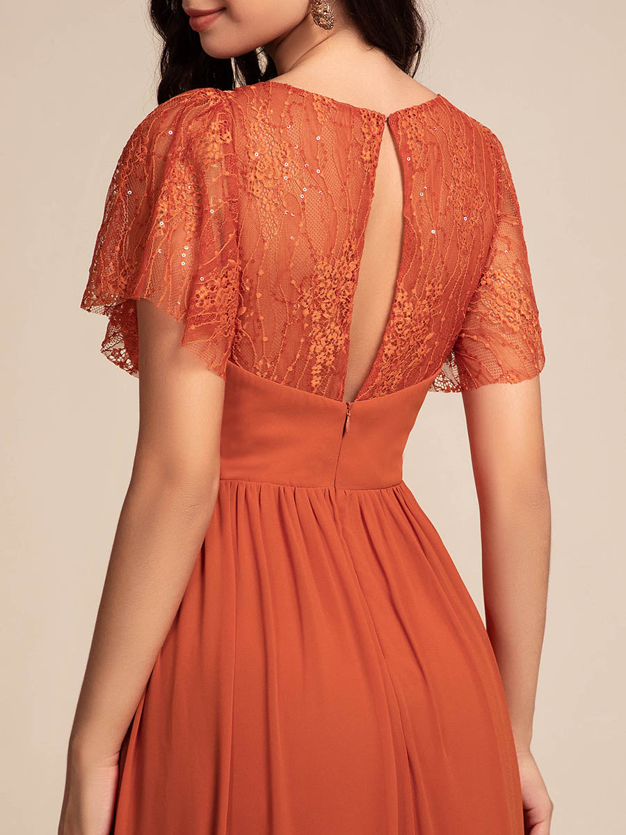 Color=Burnt Orange | Elegant Embroidery Glitter See-Through Lotus Leaf Sleeves Chiffon Dresses with Hollow back -Burnt Orange 5