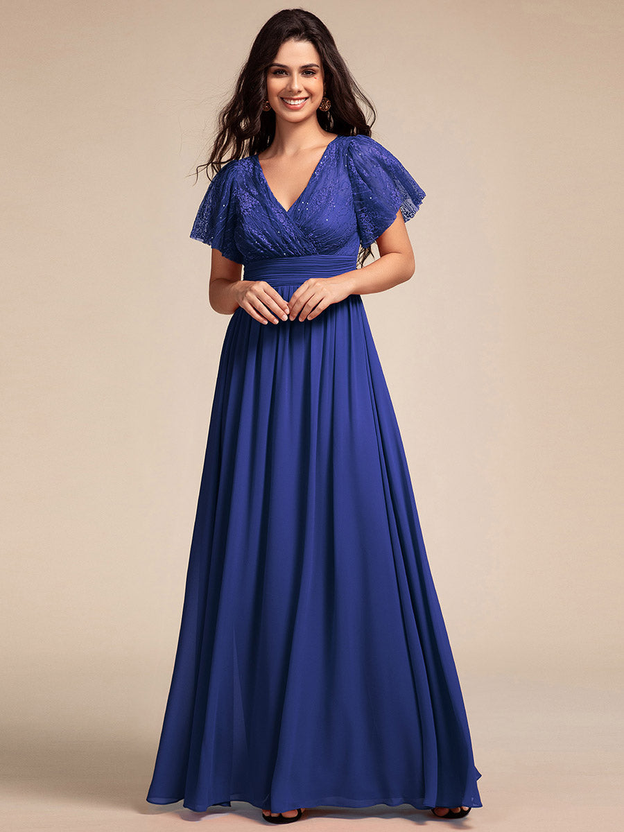 Color=Navy Blue | Elegant Embroidery Glitter See-Through Lotus Leaf Sleeves Chiffon Dresses with Hollow back -Navy Blue 6