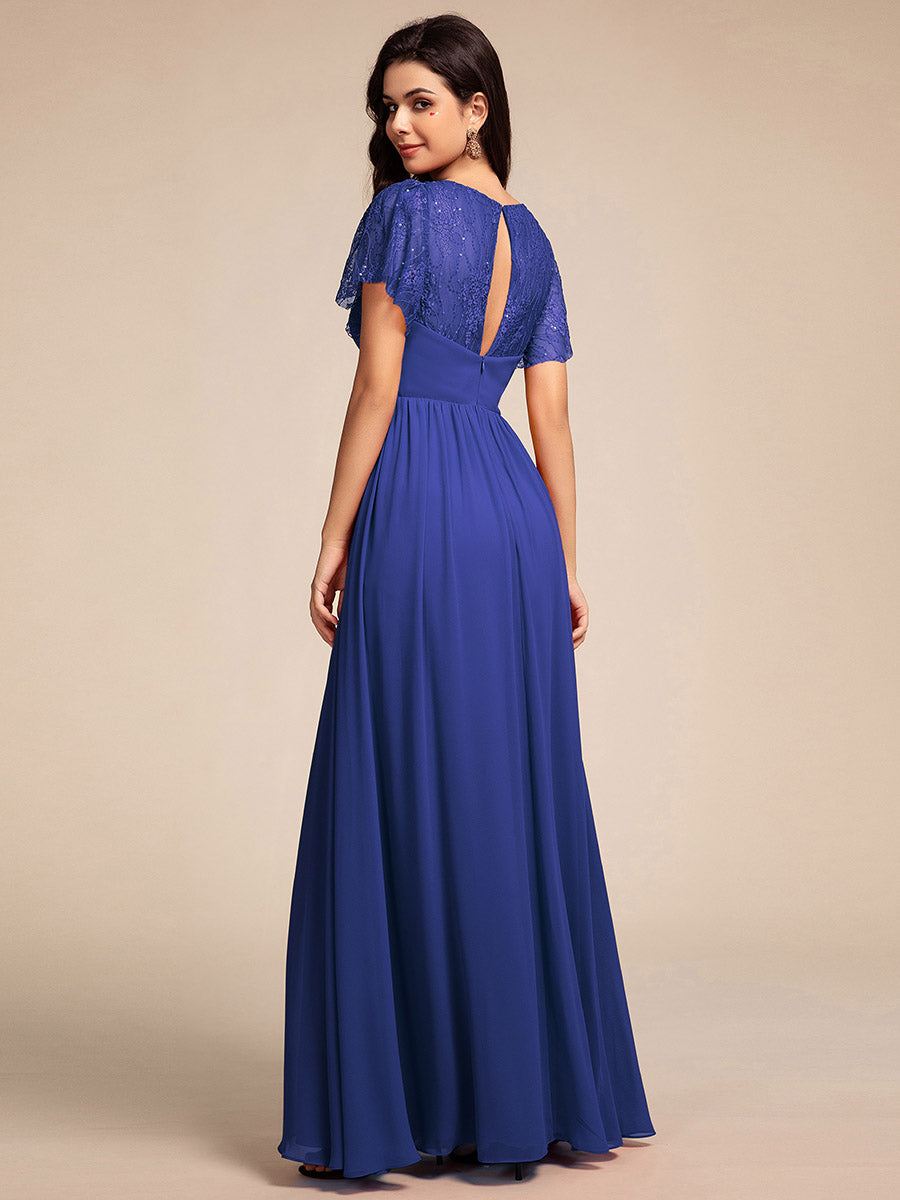 Color=Navy Blue | Elegant Embroidery Glitter See-Through Lotus Leaf Sleeves Chiffon Dresses with Hollow back -Navy Blue 7