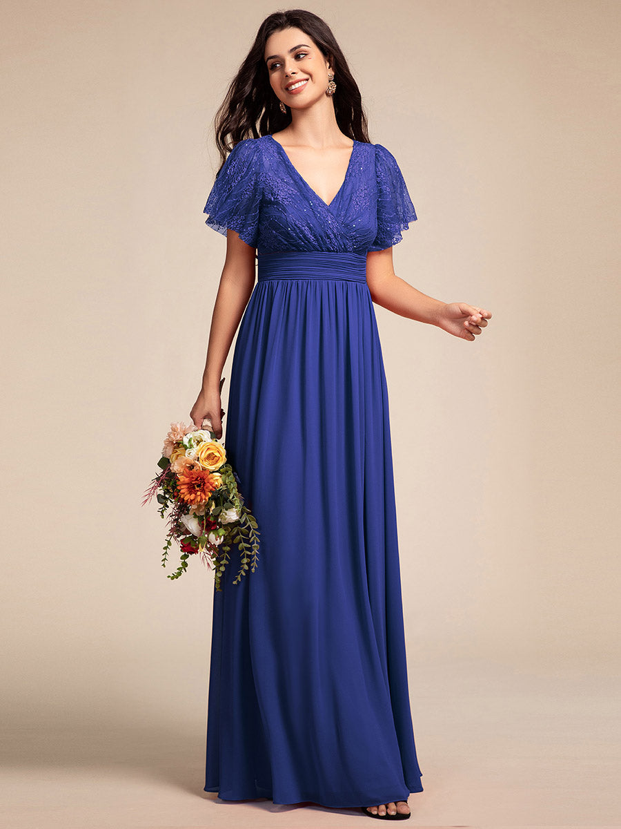 Color=Navy Blue | Elegant Embroidery Glitter See-Through Lotus Leaf Sleeves Chiffon Dresses with Hollow back -Navy Blue 8