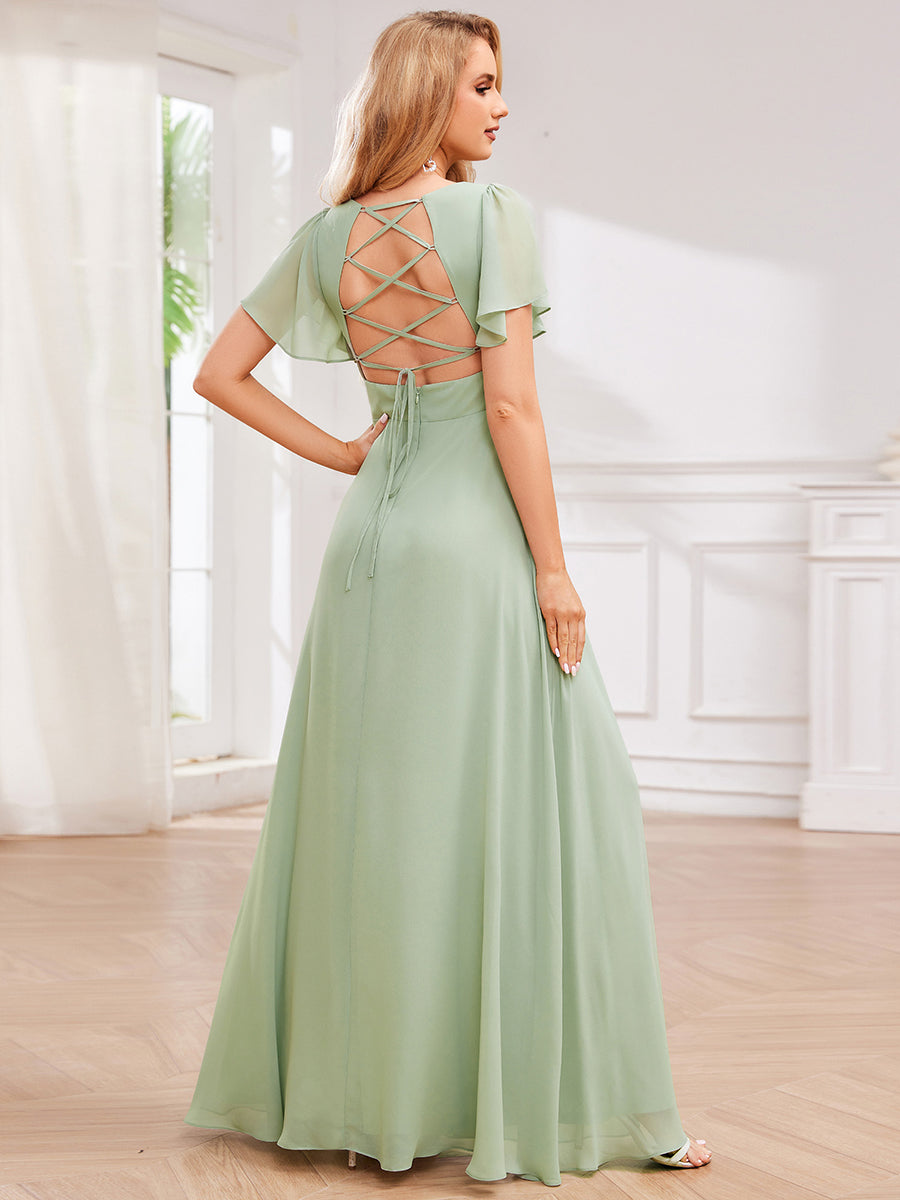 Elegant Bandage Backless Chiffon Evening Dresses with Ruffles Sleeve