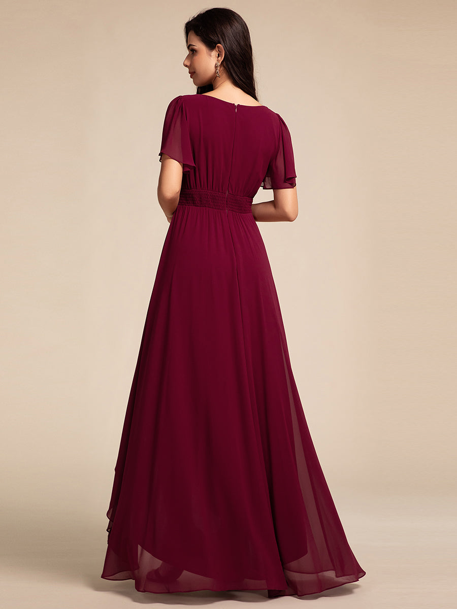 Color=Burgundy | Elegant Round Neck Ruffles Sleeve Chiffon Evening Dresses with Asymmetrical Hem-Burgundy 2