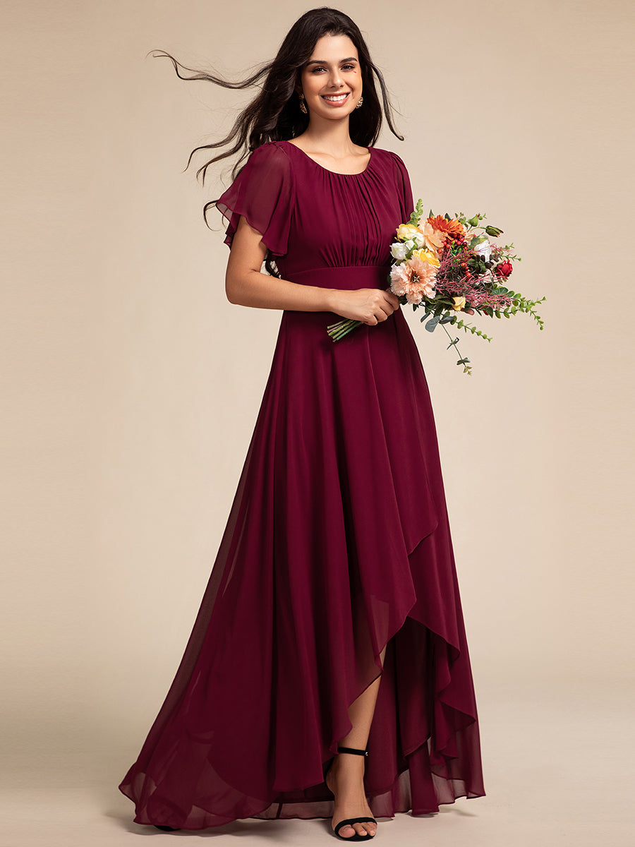 Color=Burgundy | Elegant Round Neck Ruffles Sleeve Chiffon Evening Dresses with Asymmetrical Hem-Burgundy 3