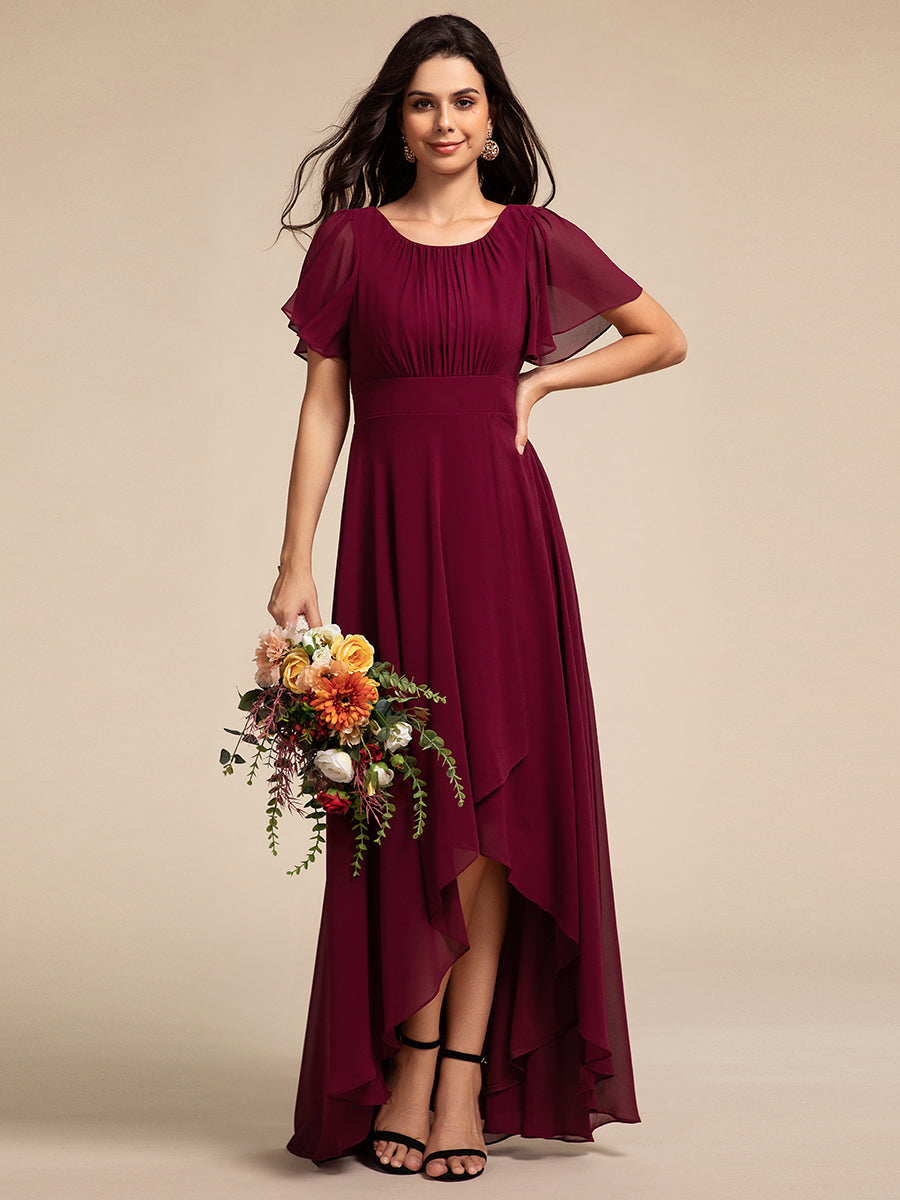 Color=Burgundy | Elegant Round Neck Ruffles Sleeve Chiffon Evening Dresses with Asymmetrical Hem-Burgundy 4