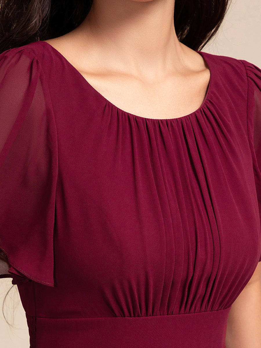 Color=Burgundy | Elegant Round Neck Ruffles Sleeve Chiffon Evening Dresses with Asymmetrical Hem-Burgundy 5