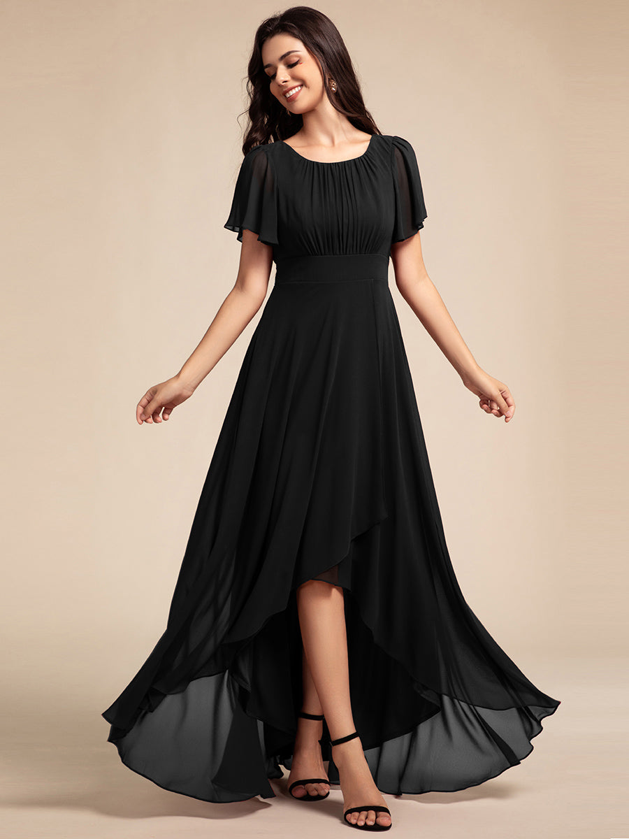 Color=Black | Elegant Round Neck Ruffles Sleeve Chiffon Evening Dresses with Asymmetrical Hem-Black 6