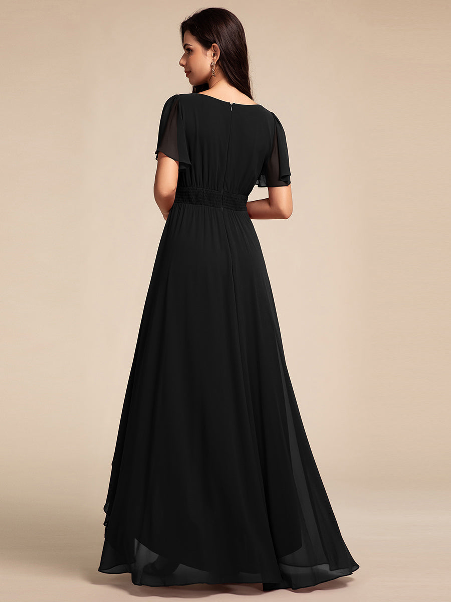 Color=Black | Elegant Round Neck Ruffles Sleeve Chiffon Evening Dresses with Asymmetrical Hem-Black 7