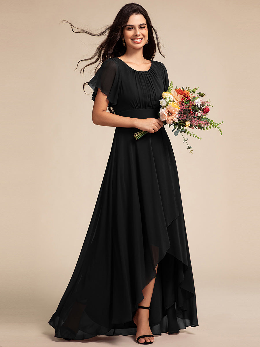 Color=Black | Elegant Round Neck Ruffles Sleeve Chiffon Evening Dresses with Asymmetrical Hem-Black 8