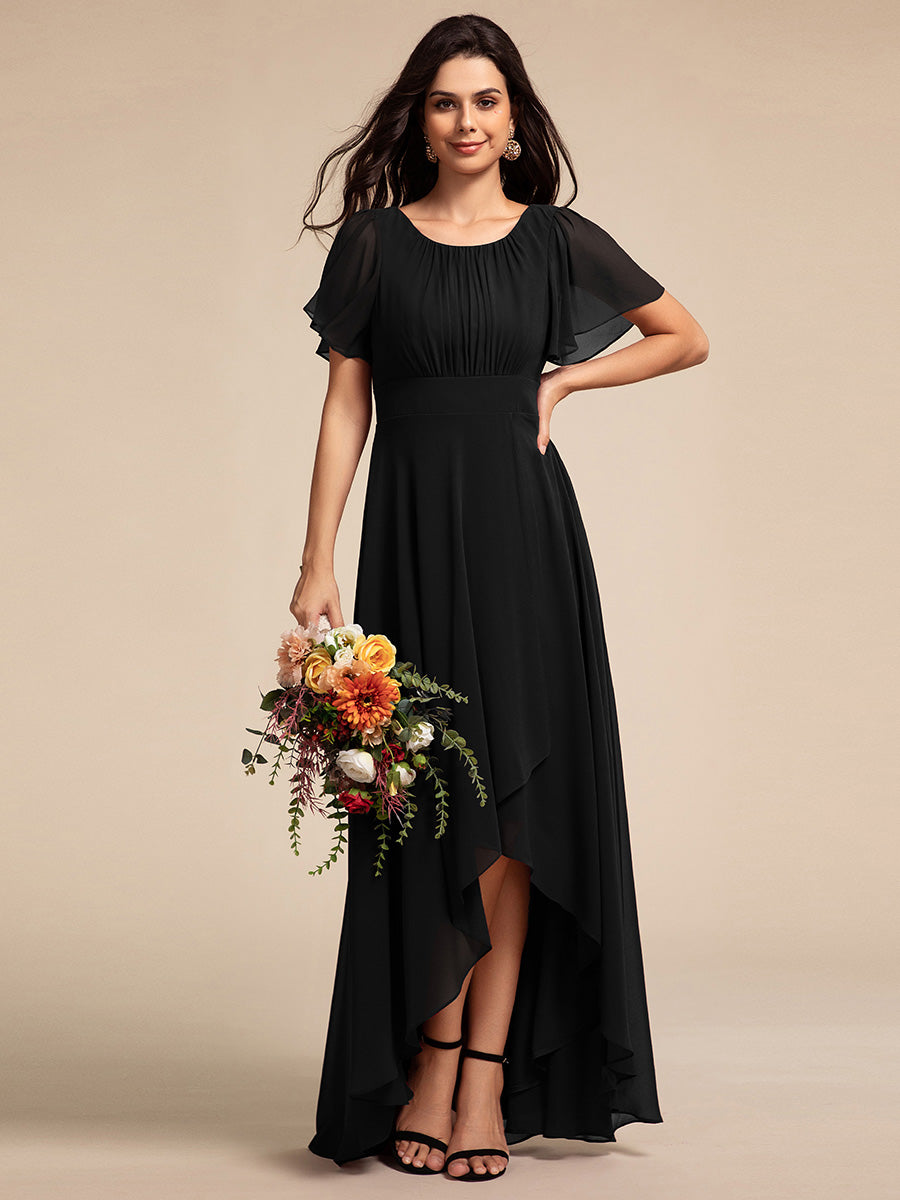 Color=Black | Elegant Round Neck Ruffles Sleeve Chiffon Evening Dresses with Asymmetrical Hem-Black 9