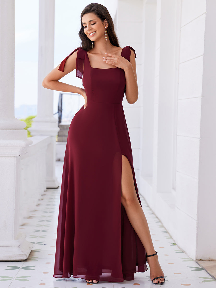 Color=Burgundy | Elegant Bowknot binding Square Neckline Chiffon Dresses A-Line Side Split Bridesmaids Dress-Burgundy 1