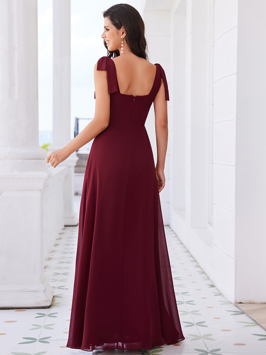 Color=Burgundy | Elegant Bowknot binding Square Neckline Chiffon Dresses A-Line Side Split Bridesmaids Dress-Burgundy 2