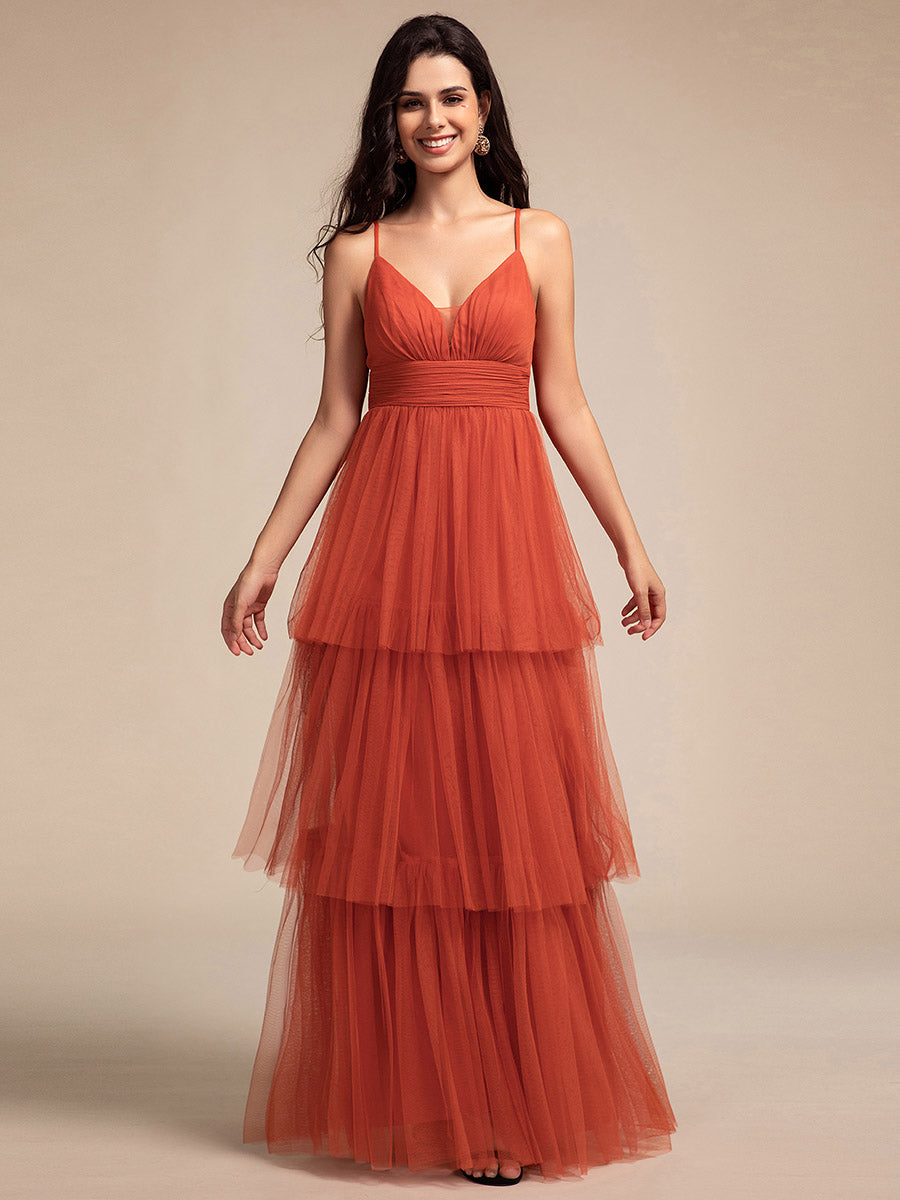 Color=Burnt Orange | Romantic V Neck See-Through Cake pleated Bridesmaid Tulle Dresses-Burnt Orange 9