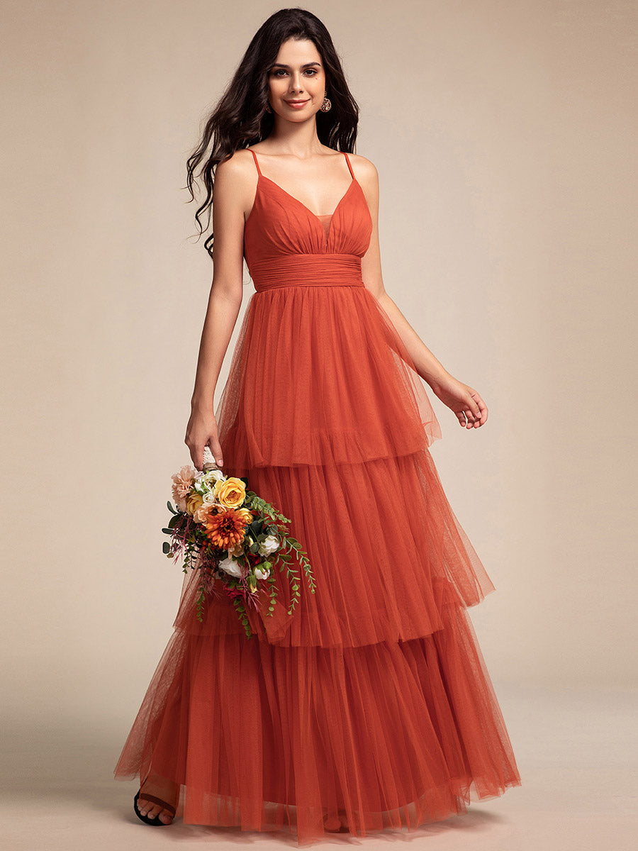 Romantic V Neck See-Through Cake pleated Bridesmaid Tulle Dresses